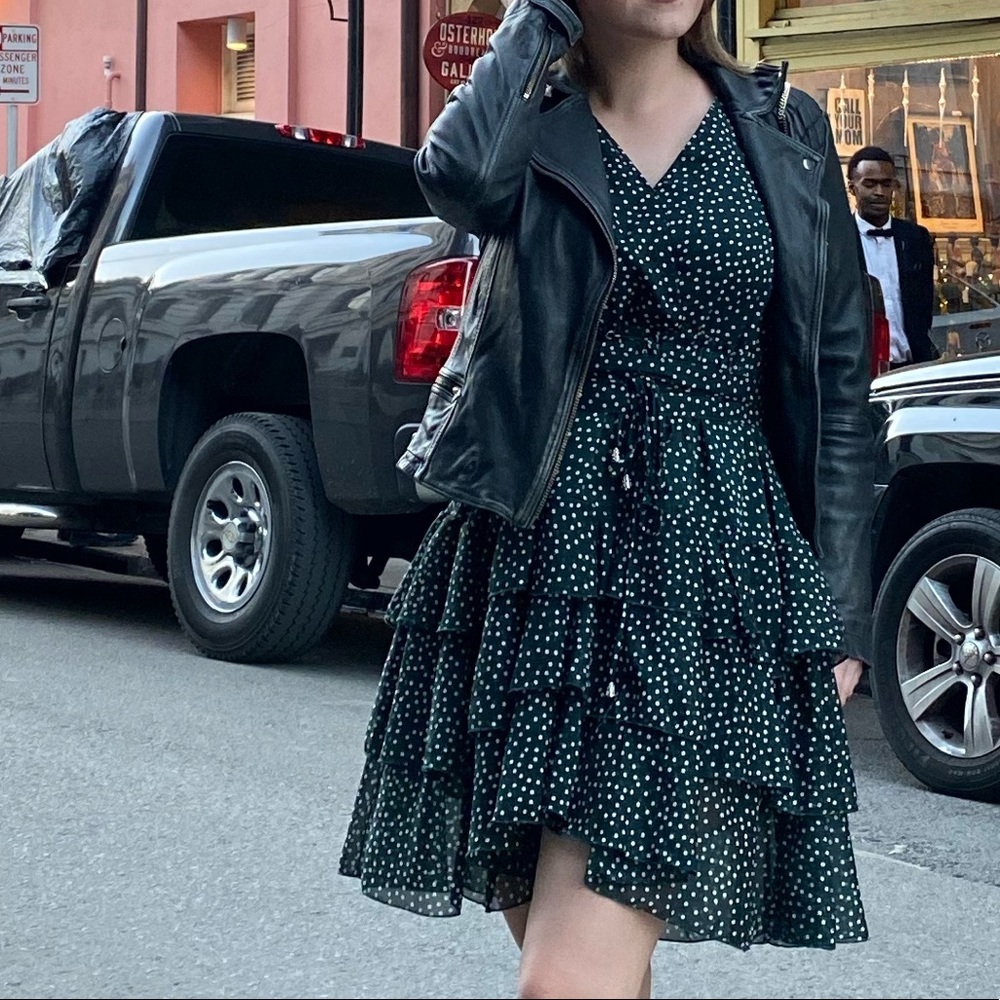 Uli by Uli Herzner Polka Dot Tiered Ruffle Hem Green Long Sleeve Dress